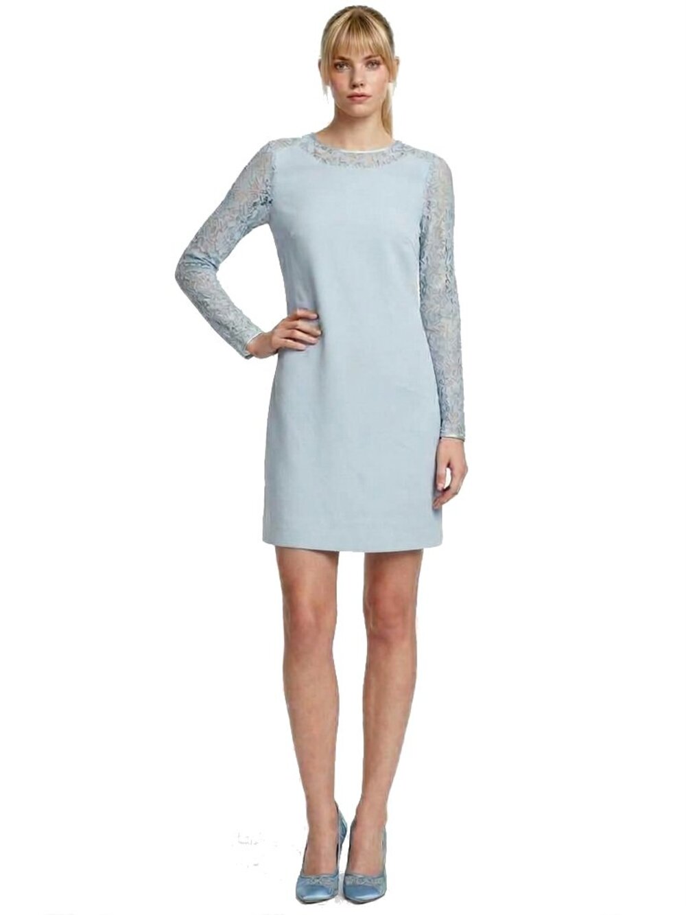 Reiss Cersei Pastel Blue Shift Dress Lace Sleeve Minimalist